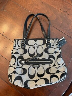 Coach Black and Cream Signature Canvas Shoulder Bag